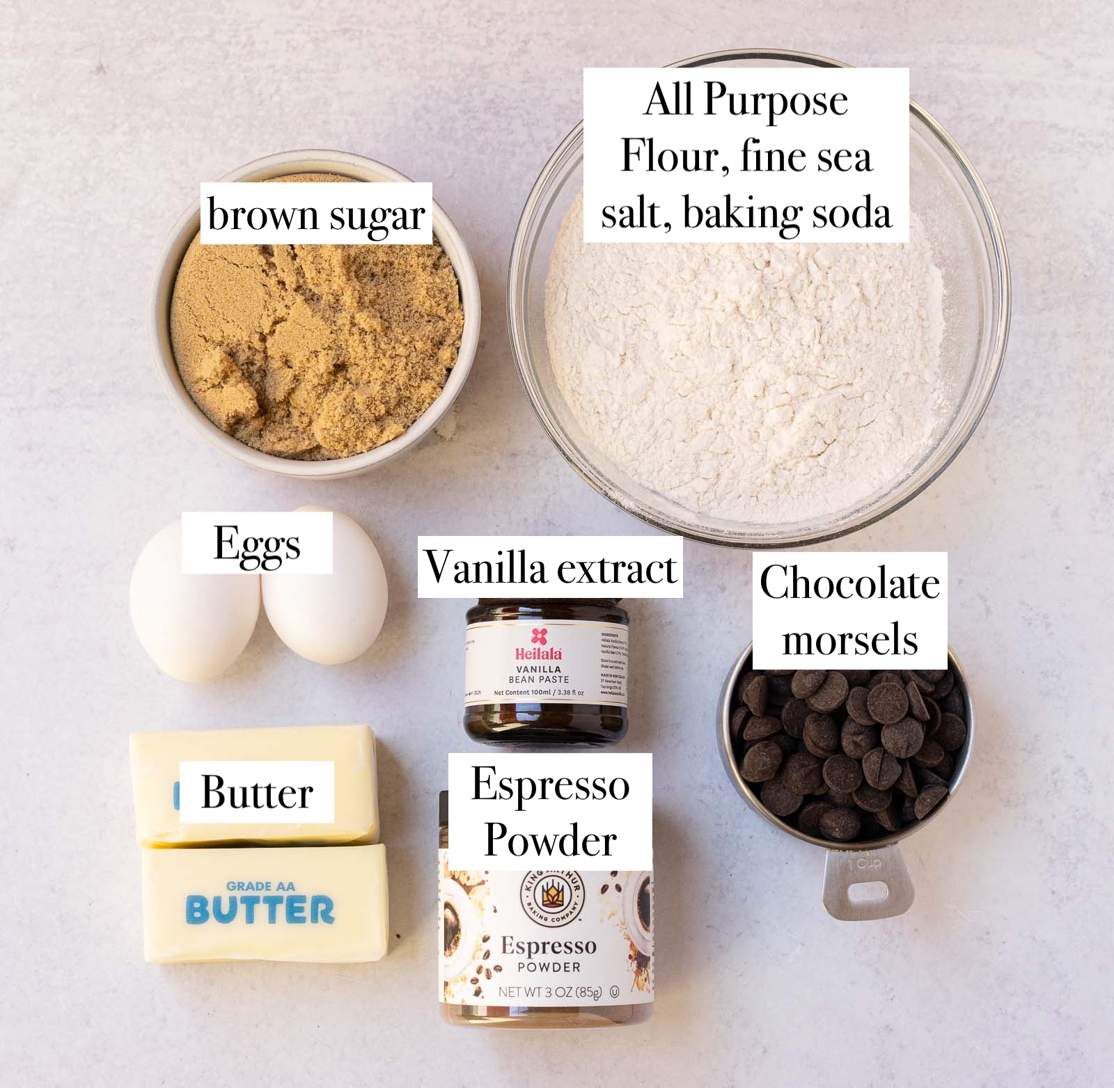 ingredients for chocolate coffee cookies. 