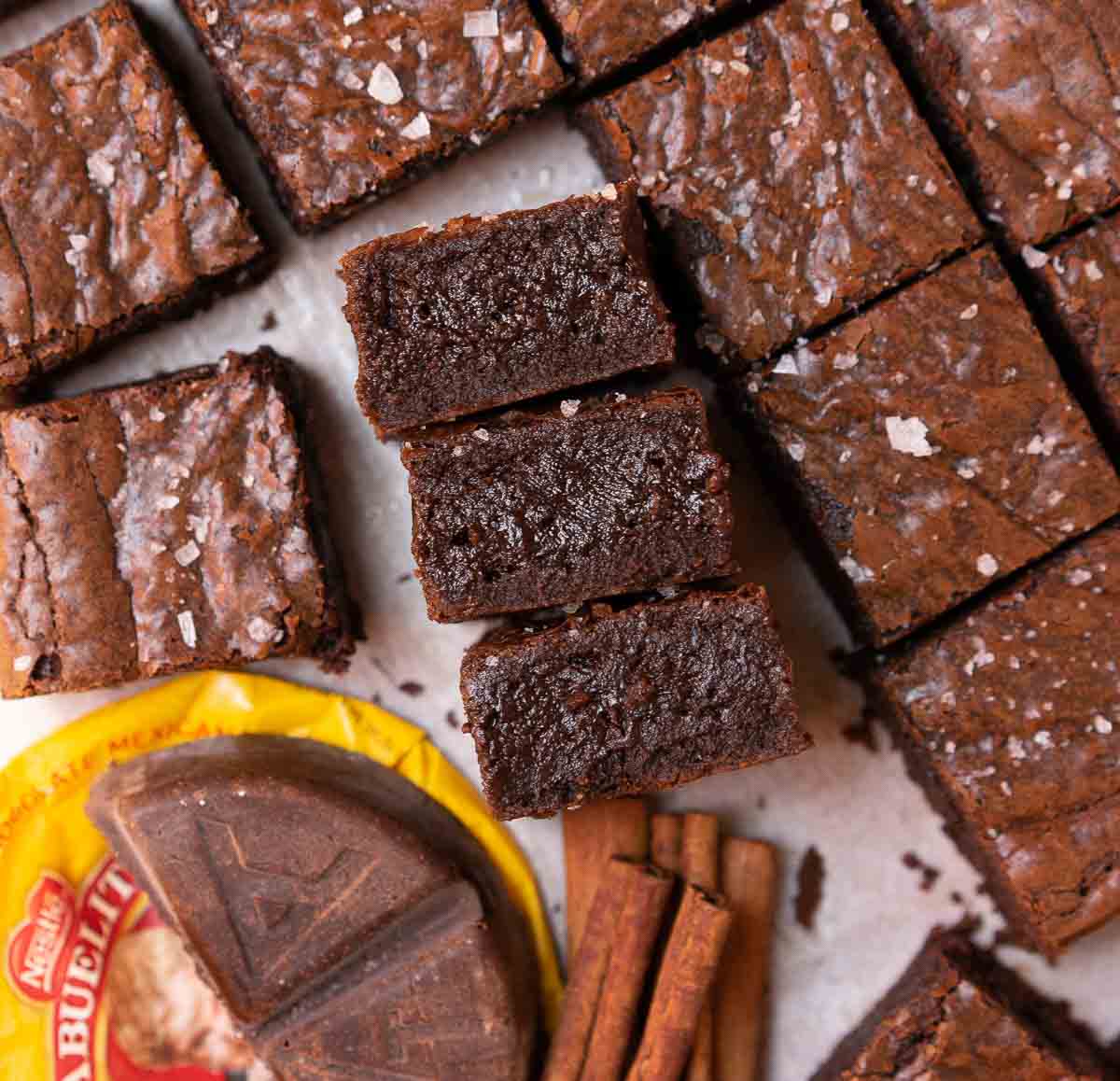 brownies laying on the side showing the fudgy center.