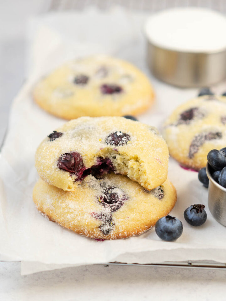 lemon blueberry cookies stacked on one another