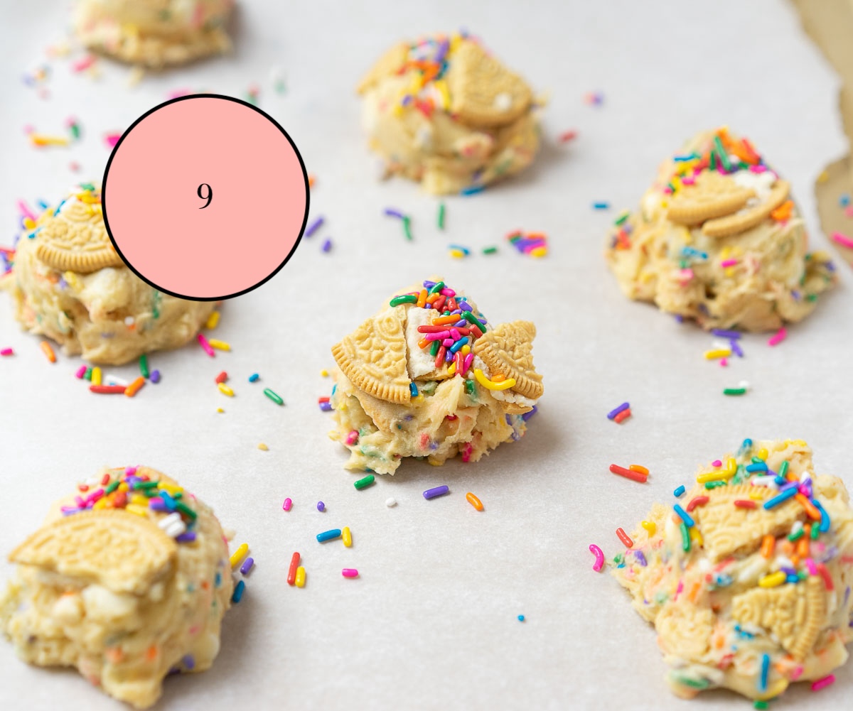 soft birthday cake cookies topped with golden Oreos and sprinkles. 