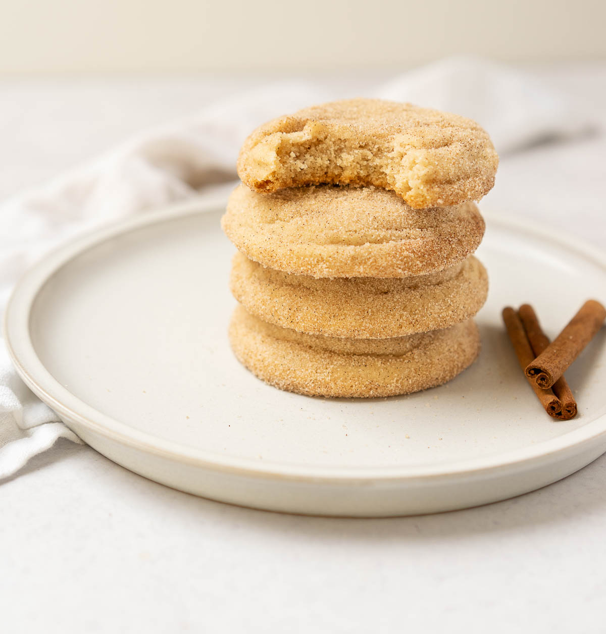 mexican cinnamon cookie with a bite taken from it.