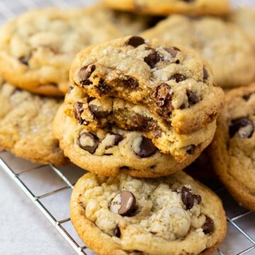 chocolate chip cookies without brown sugar stacked.