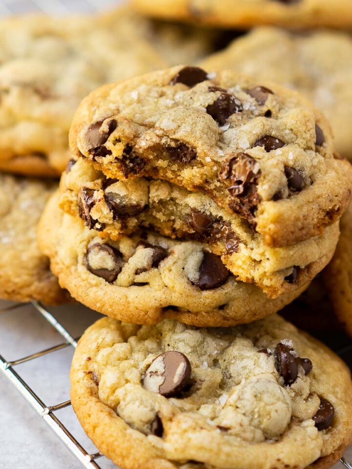 chocolate chip cookies without brown sugar stacked.