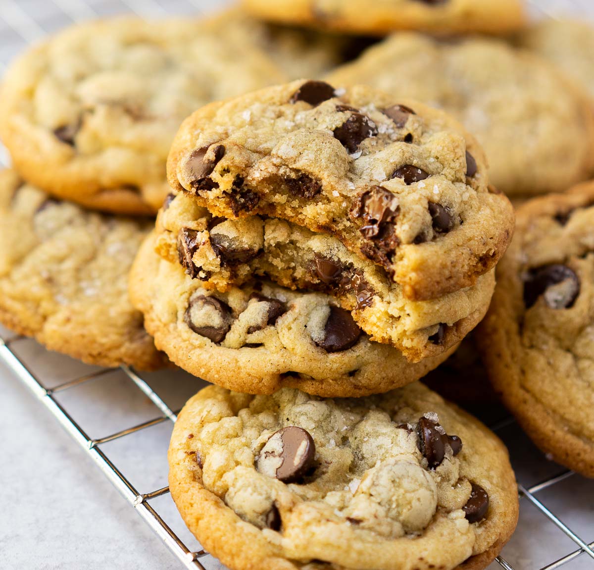 chocolate chip cookies without brown sugar stacked.