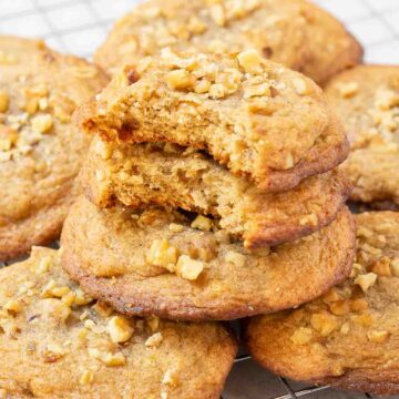 banana bread cookies stacked on top of one another.