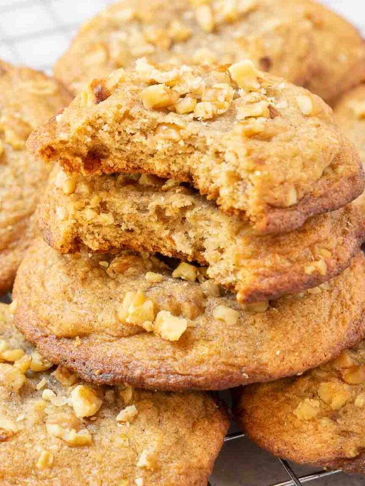 banana bread cookies stacked on top of one another.