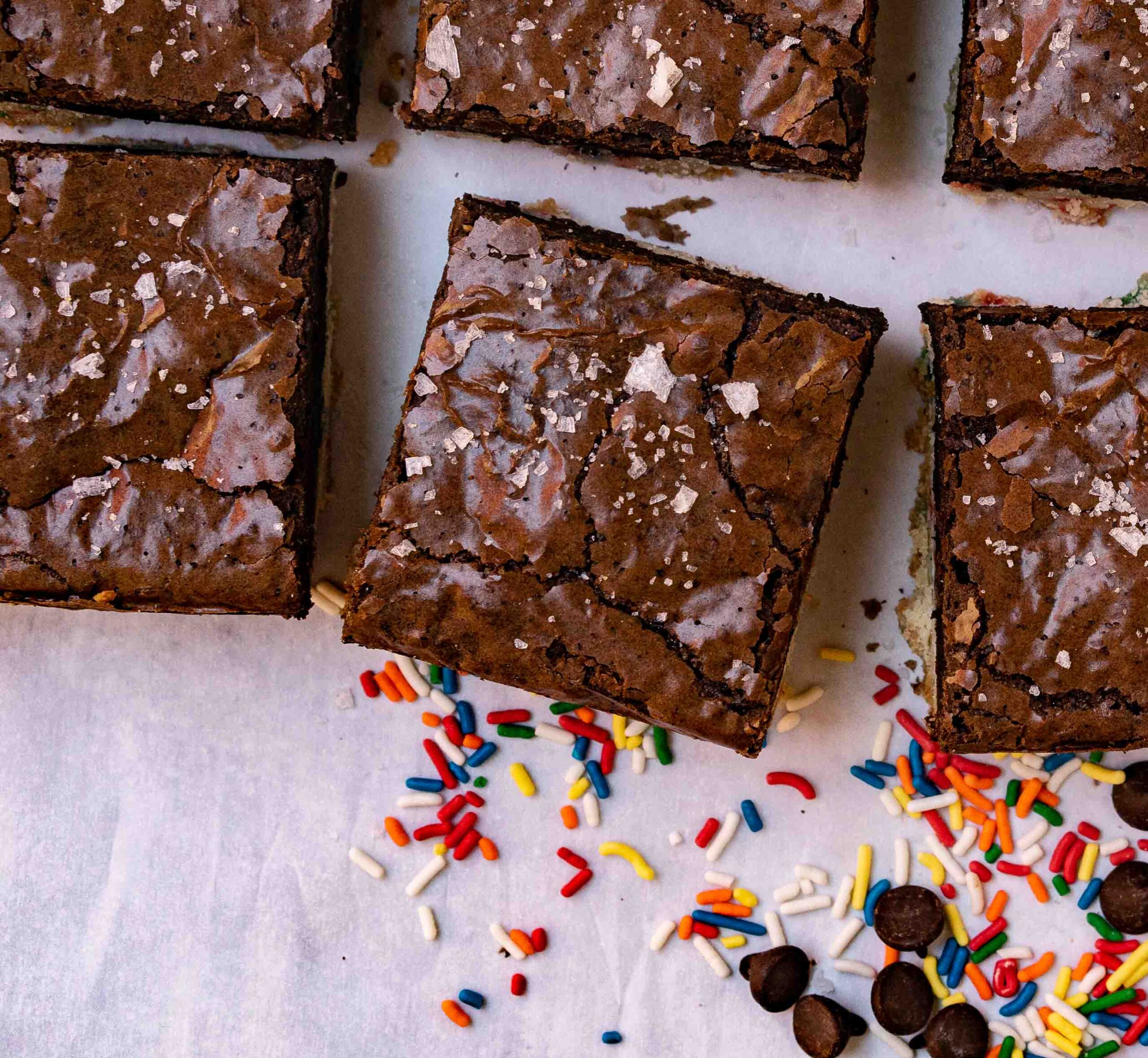 birthday brownie squares tossed with sprinkles and flaky sea salt.