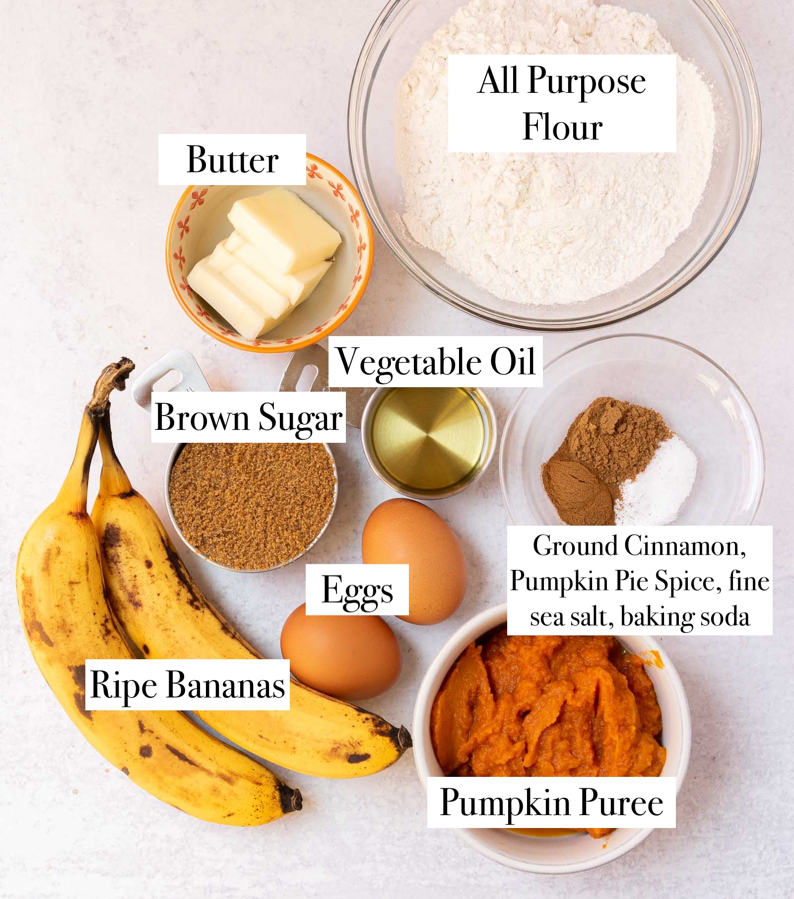 ingredients for banana pumpkin muffins.