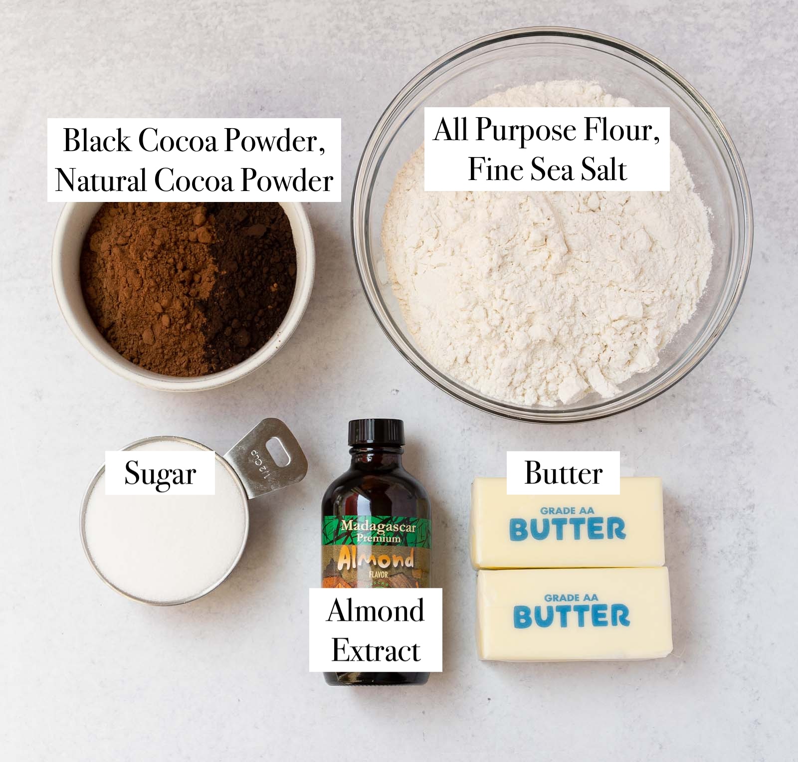 ingredients shown for chocolate almond shortbread cookies.