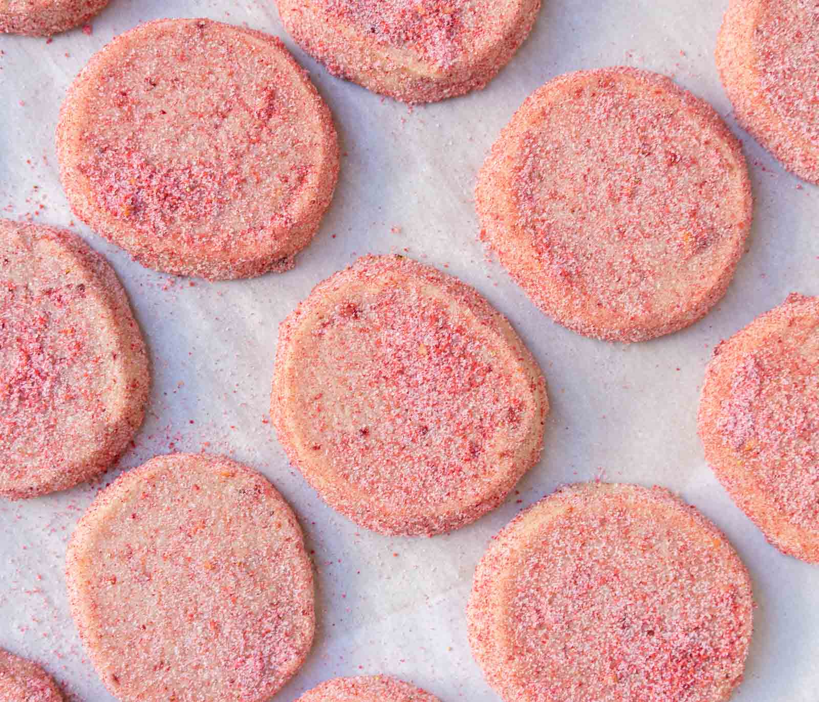 strawberry shortbread cookie recipe laid on baking sheet. 