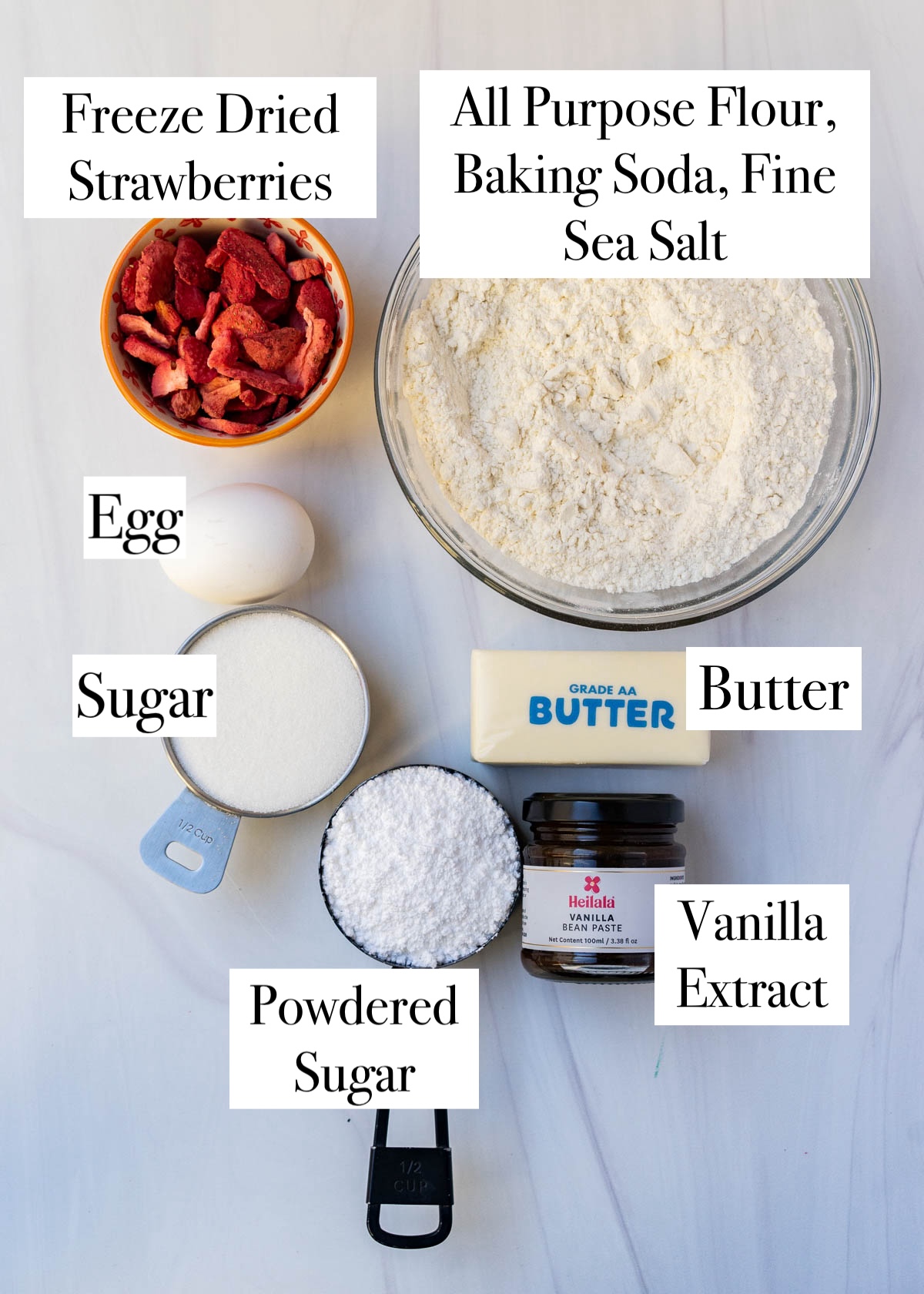 ingredients listed out individually to create strawberry sugar cookies.