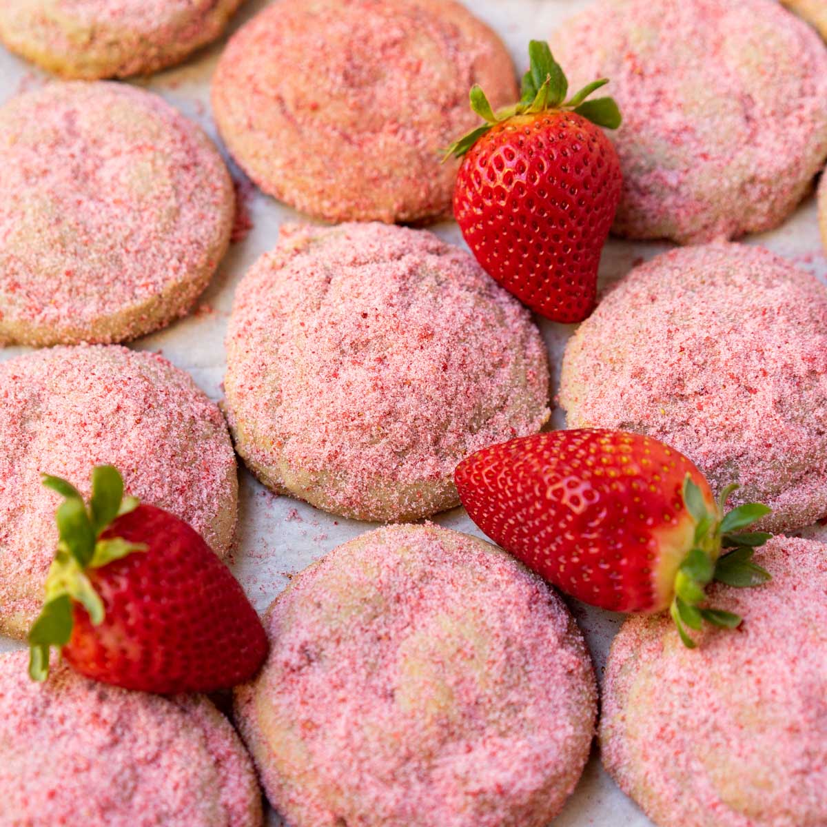 strawberry sugar cookies with fresh strawberries.