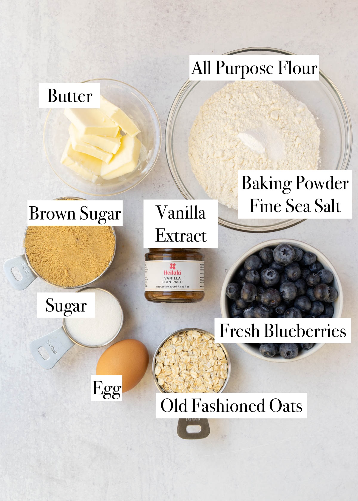 ingredients to make easy blueberry blondies with crumble topping.