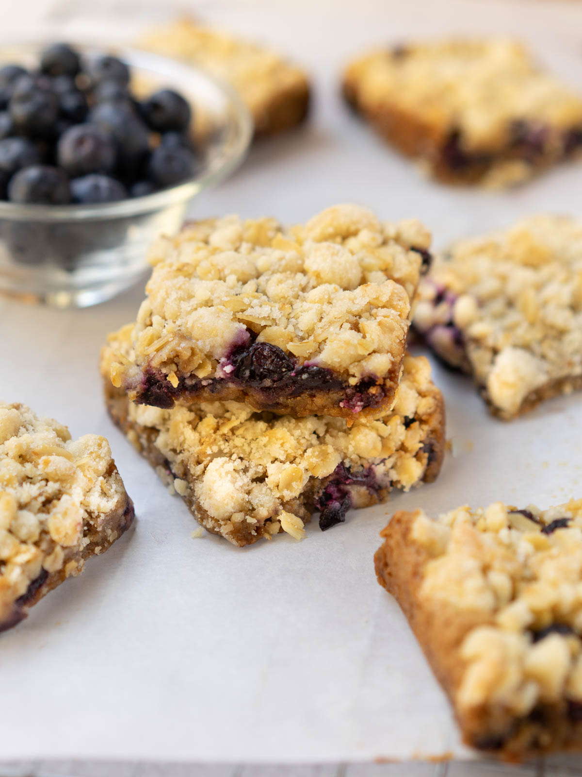 blueberry blondies with crumble topping.