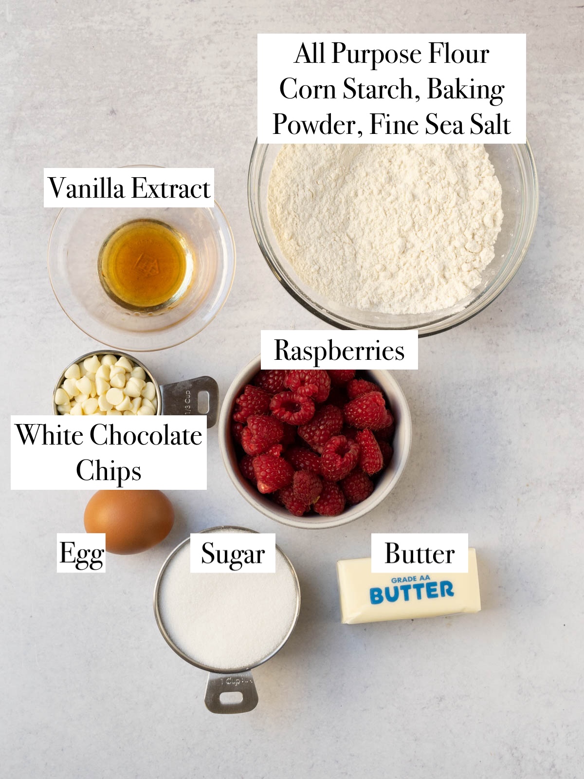 Ingredients to make white chocolate and raspberry blondies.