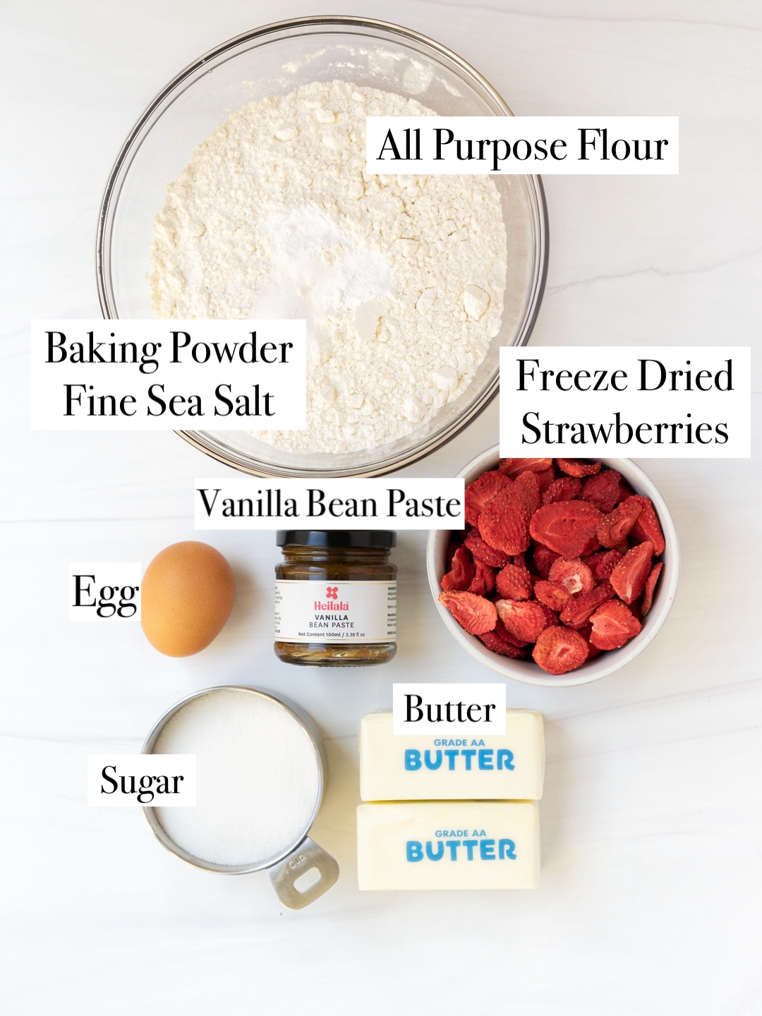 ingredients for strawberry cut-out sugar cookies.