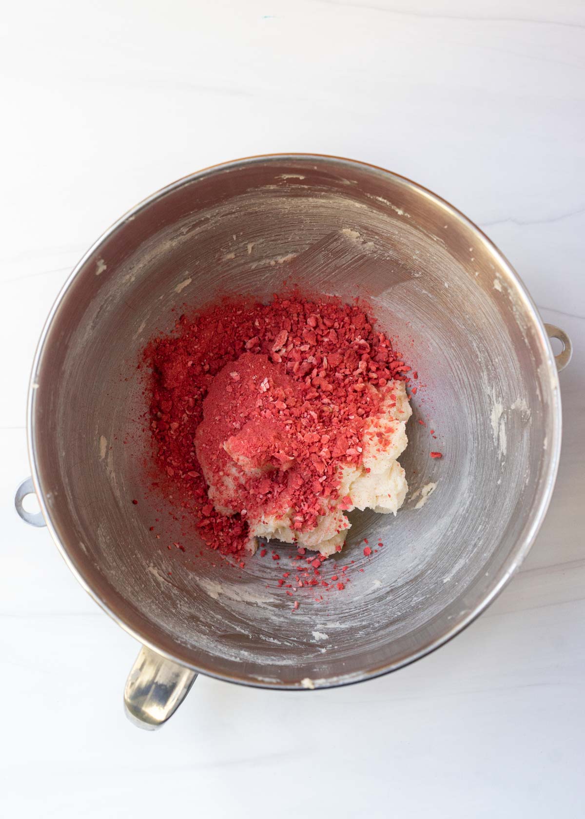 freeze-dried strawberry powder inside butter sugar mixture.