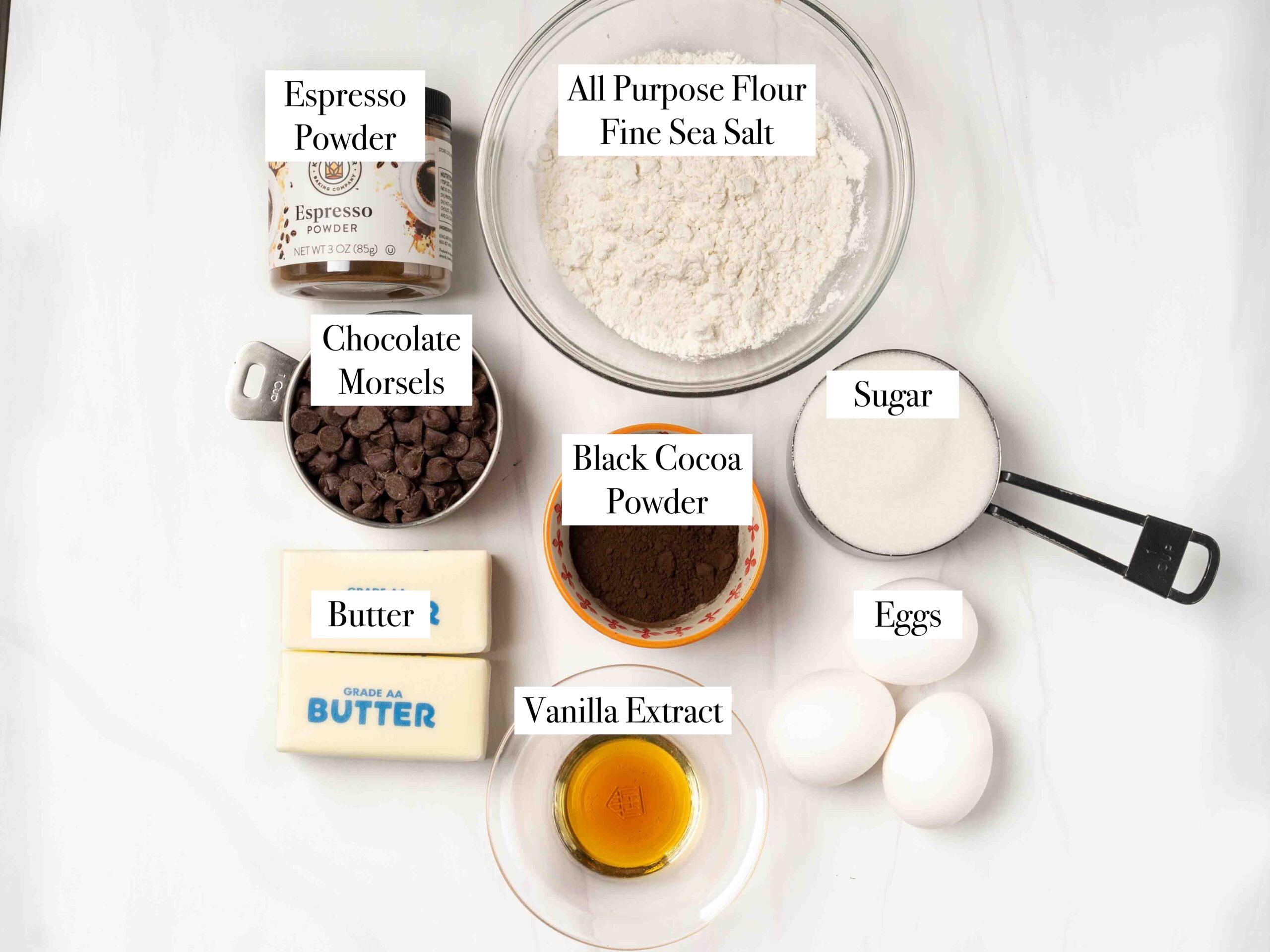 ingredients for fudgy espresso chocolate brownies.