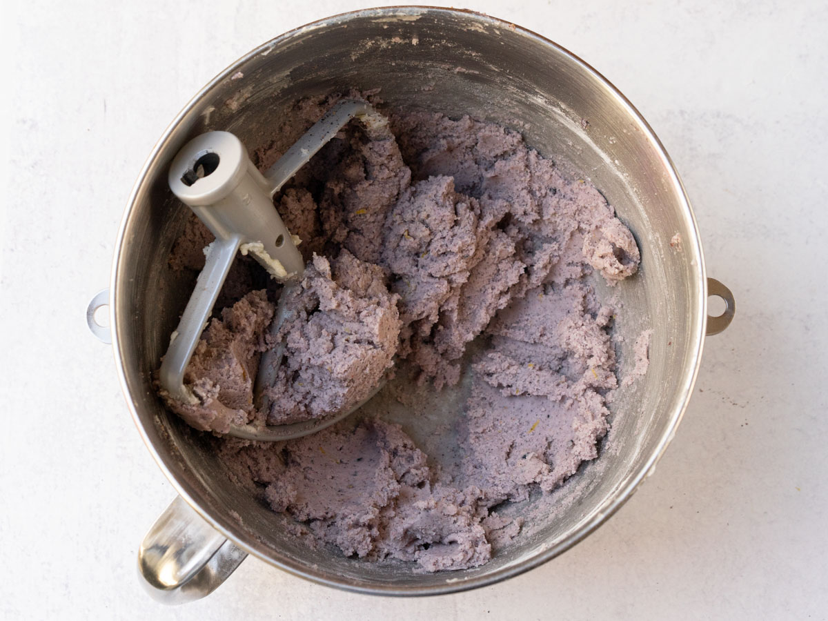 Blueberry lemon dough in mixing bowl.