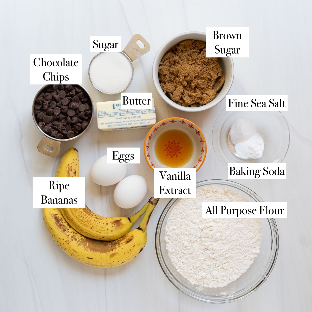 ingredients for chocolate chip banana bread.