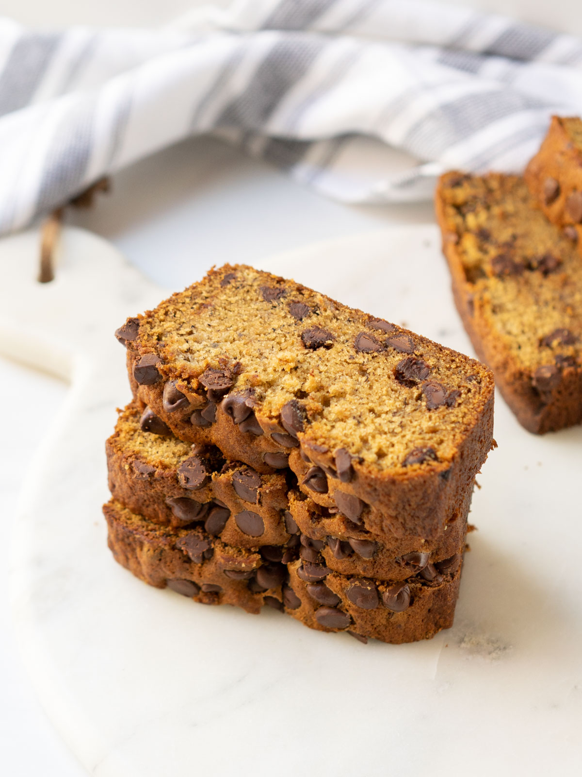 sliced brown butter chocolate chip banana bread.