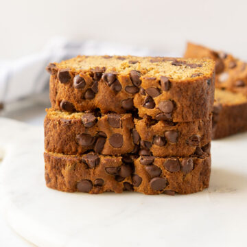 sliced brown butter chocolate chip banana bread.
