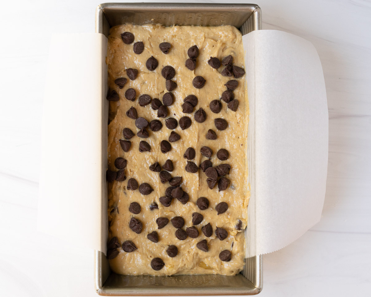 chocolate chip banana bread in loaf pan.