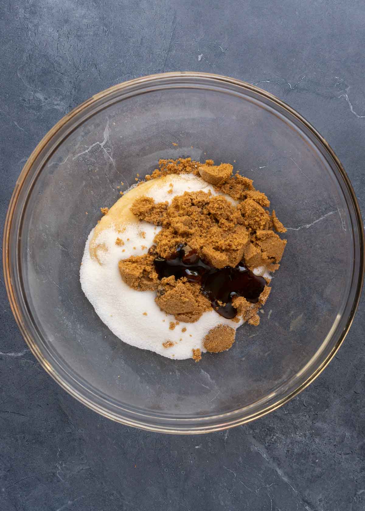sugars and vanilla in mixing bowl.