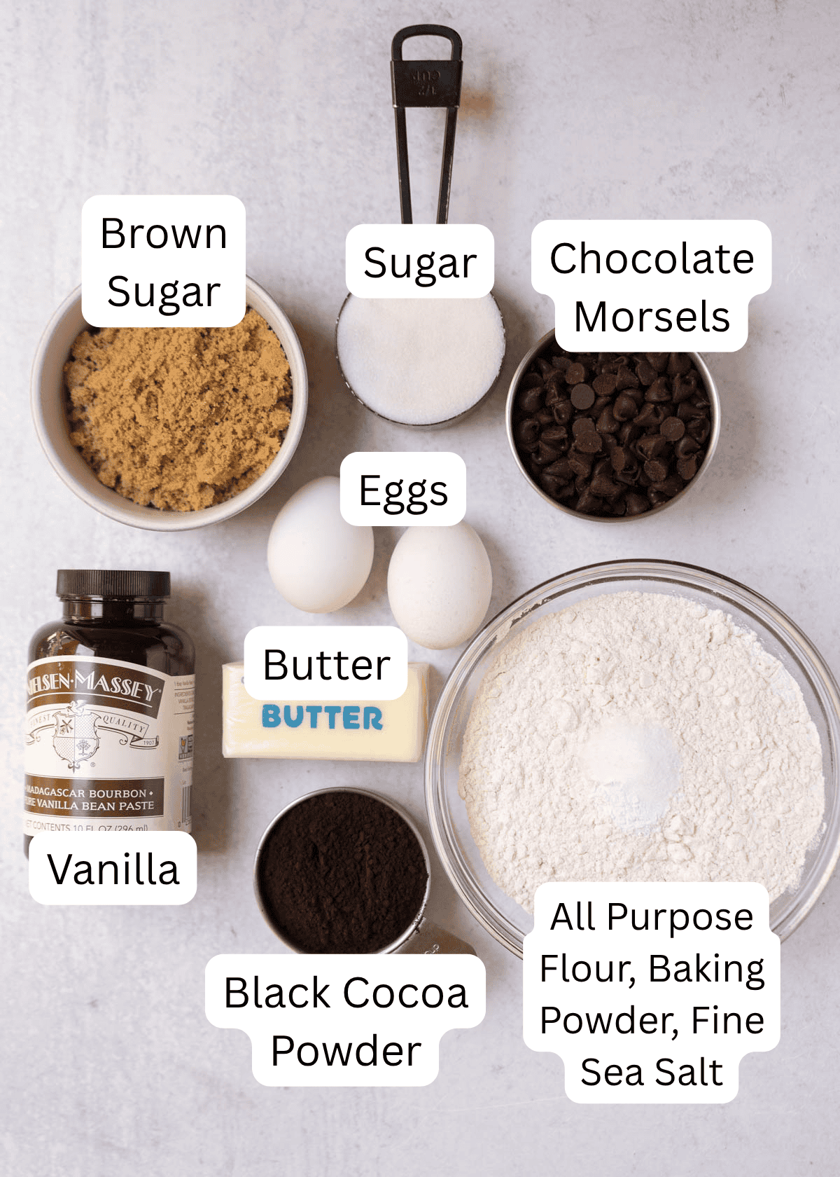 ingredients for black cocoa cookies.
